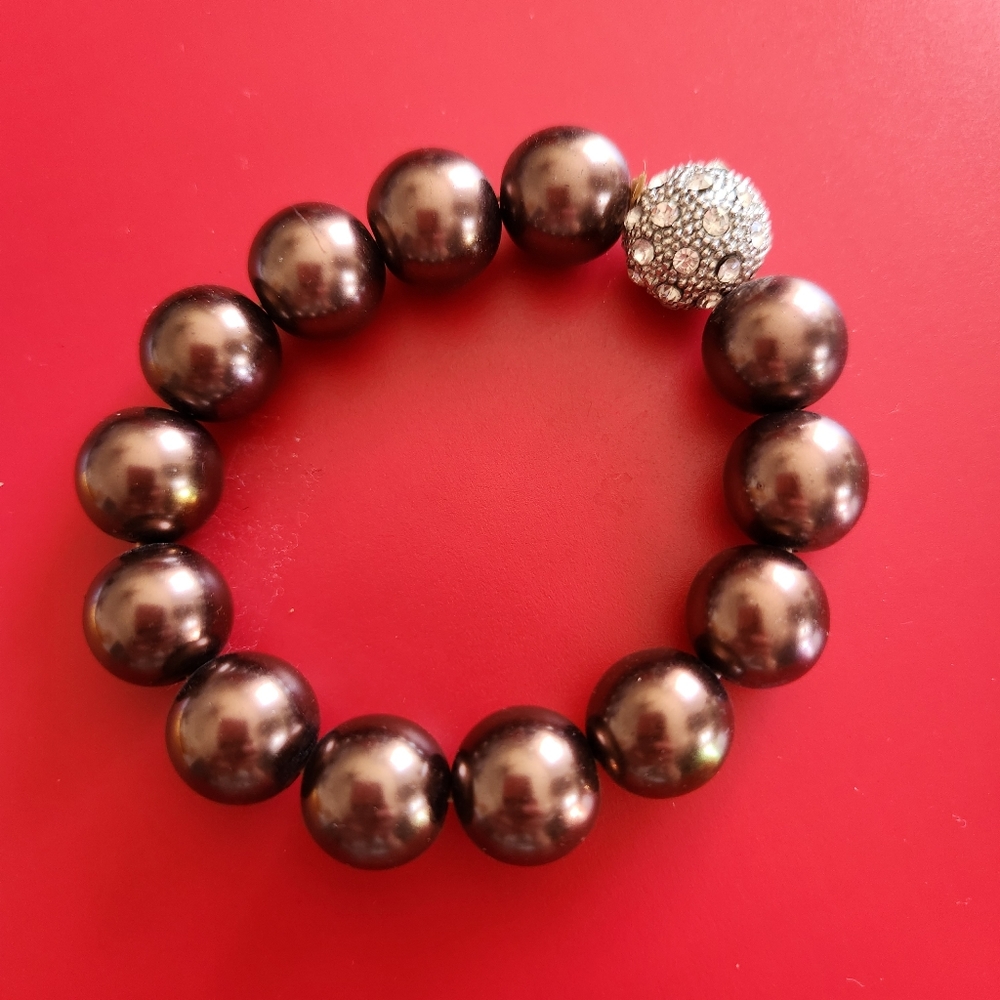 Designer Brown Beads w/ 1 Silver Jeweled Bead Elastic Bracelet